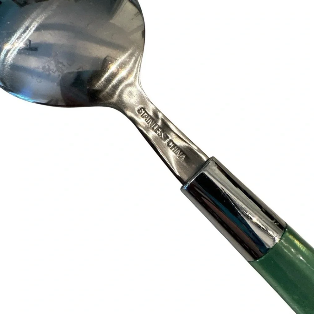 Vintage Emerald Green Acrylic Handle Stainless Flatware Set of 7 Serving Spoons